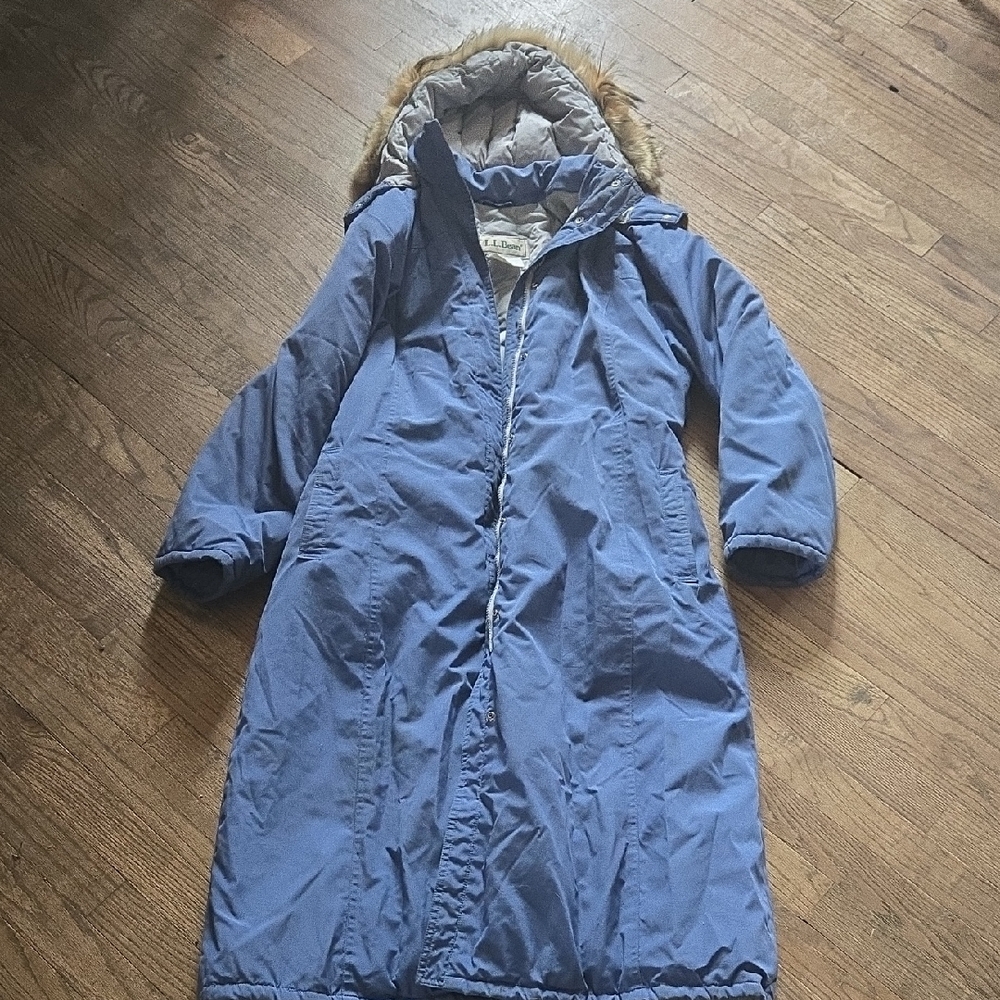 L.L. Bean Blue Down Trench Coat with Fur Trim